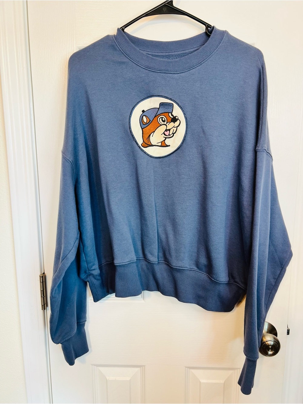 Casual Blue Crewneck Sweatshirt with Embroidered Chipmunk Patch